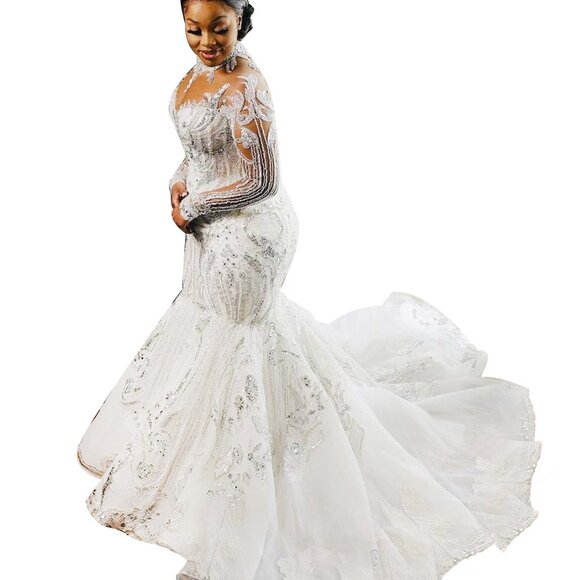 IS-NWT US12 Saudi Arabia Sequins Mermaid Wedding Dress High Neck Bridal Gowns - Picture 3 of 4